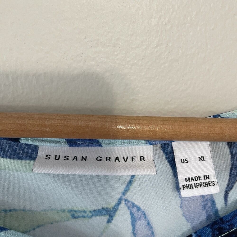 Susan Graver Liquid Knit Top XL Tropical Blue Green Tie Sleeve Office Travel - Picture 5 of 9